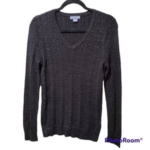 *Laura Scott Black Metallic V-Neck Cable Knit Y2K Basic Sweater Medium Retro